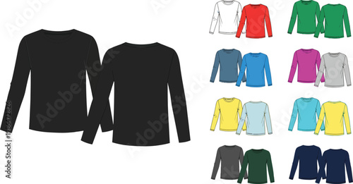 Collection of long sleeve t-shirts in various colors with multi color with crew neck