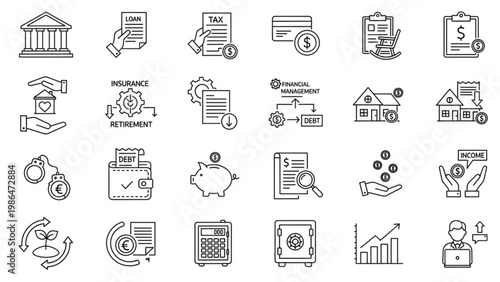 Set of financial and business icons for banking, insurance, investment, and personal finance