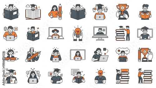 Collection of flat design icons representing education, learning, and online study with students, books, and graduation caps