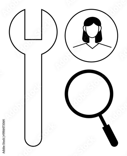Recruitment concept. Recruitment icons including wrench for tools, user profile symbol, and search magnifying glass. Recruitment processing interviews, hiring analysis, career growth strategies