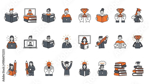education, learning, and intellectual pursuits with diverse figures engaged in reading and studying Collection of minimalist cartoon icons 