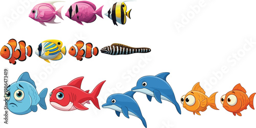 Colorful Tropical Fish and Sea Animals Cartoon Set with Dolphins Goldfish Clownfish and Marine Life Illustration Collection