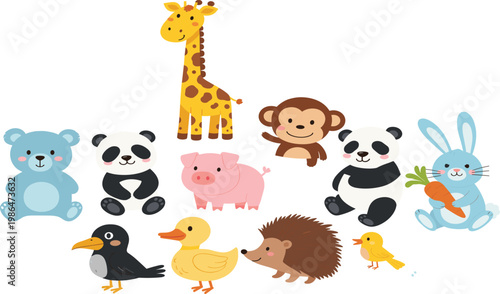 Cute cartoon animal character set with bunny giraffe bear panda and farm animals for kids vector illustration