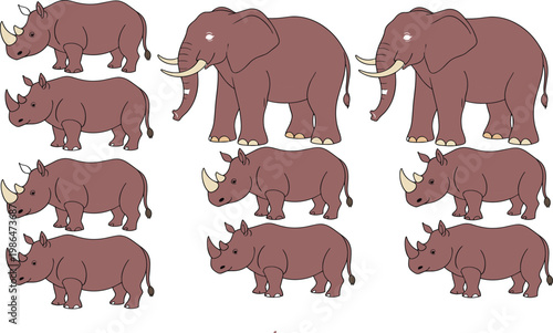 Cute cartoon elephant and rhinoceros character set for wildlife safari kids education vector illustration