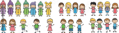 Cute cartoon children characters collection with boys and girls in different outfits and hairstyles isolated vector illustration set