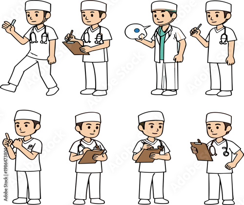 Doctor character set with medical uniform and tools, healthcare professional in different poses, cartoon hospital worker illustration collection