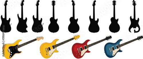 Electric guitar silhouettes and colored models set with different styles, musical instrument illustration collection for rock, band and music design