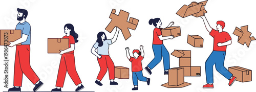 Family moving house with boxes and packing items, people carrying and unpacking belongings illustration for relocation and moving service design