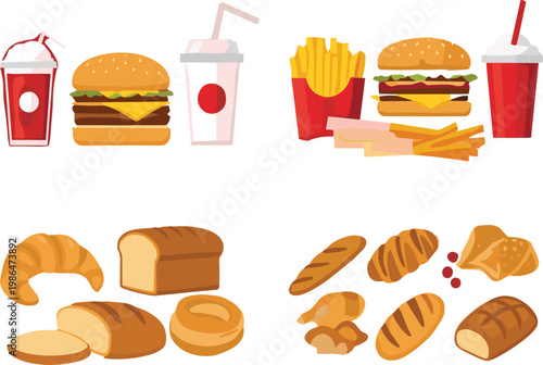 Fast food and bakery set with burgers, fries, drinks and bread, cartoon junk food and pastry illustration collection