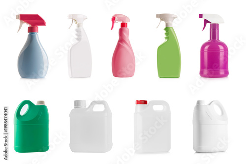 Set of Cleaning Spray Bottles and Plastic Containers Isolated on White background. for household, industrial  cleaning product and packaging design and mockup.

 