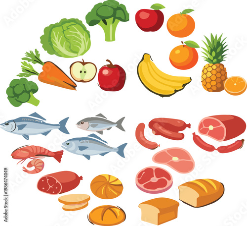 Healthy food set with fruits, vegetables, fish, meat and bread, balanced diet illustration collection for nutrition, grocery and cooking design