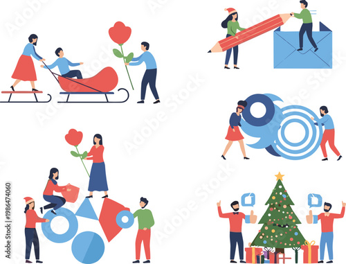 Holiday and celebration concept set with Christmas tree, gifts and love symbols, people decorating and sharing festive moments cartoon illustration