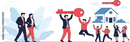 Home ownership and real estate success concept, people holding keys and celebrating house purchase, property investment cartoon illustration