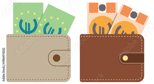 Vector illustration of two wallets beige wallet with green euro banknotes and stars and brown wallet with orange and beige euro banknotes. Clean flat design for finance projects or infographics.