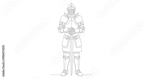 Medieval Knight in Full Armor, Holding Sword, Outline Drawing, White Background