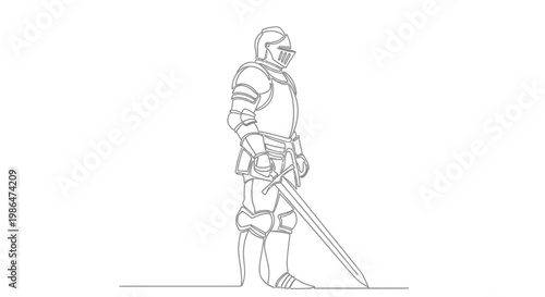 Medieval Knight Standing with Sword, Line Art Illustration