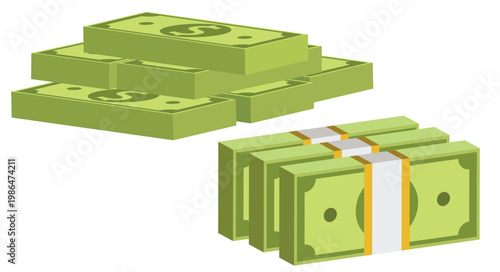3D vector illustration of a pyramid stack of green dollar bills with three bundled cash stacks in white and yellow bands. Clean design for finance infographics or promotions.