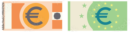 Two minimalist vector illustrations of euro banknotes. Orange and green variants. Clean modern style for finance infographics or currency comparisons.