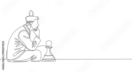 Single Line Drawing of a Man in Traditional Clothing Sitting Next to a Chess Pawn