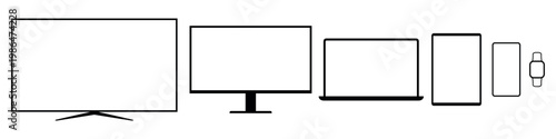 Outline icons of electronic devices TV monitor laptop tablet smartwatch smartphone. Vector on white background