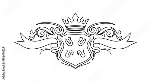 Ornate Heraldic Crest with Crown and Ribbons - Vintage Emblem Outline