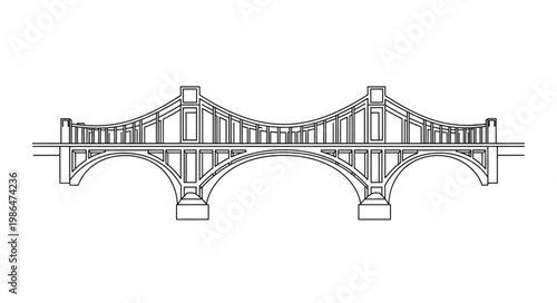 Detailed architectural drawing of a suspension bridge structure.