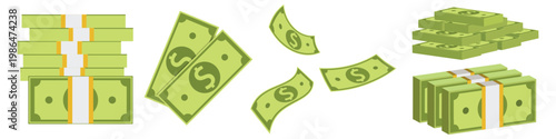 Money stack and flying dollar bills set cash bundle vector. Vector on white background