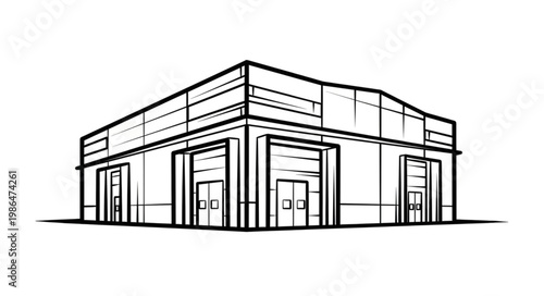 Industrial warehouse building with multiple loading bay doors illustration.