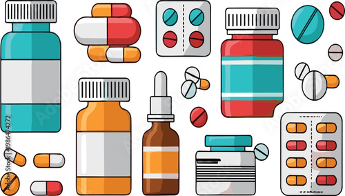 Medical Equipment and First Aid Kit Vector Set with Pills Bottles Syringes Stethoscope and Healthcare Treatment Illustration Collection