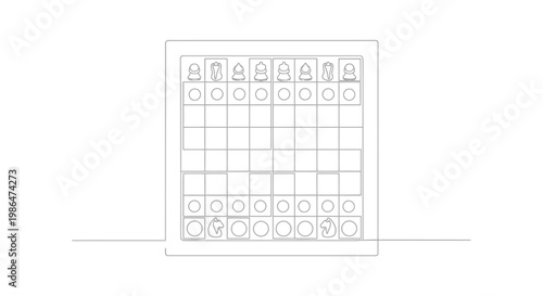 Minimalist Chessboard Outline with Pieces, Strategy Game Concept