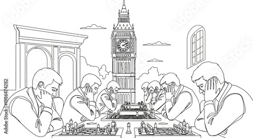 Businessmen playing chess in front of Big Ben, London - strategy concept