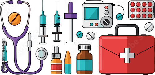Medical Equipment and First Aid Kit Vector Set with Pills Bottles Syringes Stethoscope and Healthcare Treatment Illustration Collection