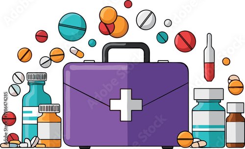 Medical Equipment and First Aid Kit Vector Set with Pills Bottles Syringes Stethoscope and Healthcare Treatment Illustration Collection