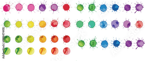 Paint splashes and color circle palette collection with various ink blots and round color swatches isolated vector illustration