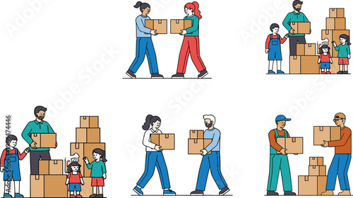 People carrying boxes and moving home set with family and delivery workers, relocation and packing illustration collection for moving service design
