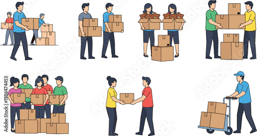 People moving boxes and delivery service scenes set with workers and families, relocation and logistics illustration collection for moving design