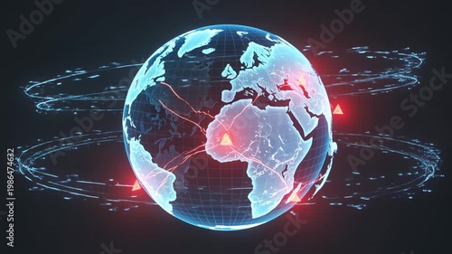 Worldwide Cyber Attack Visualized Through Holographic Earth With Fractured Data Rings and Global Collapse