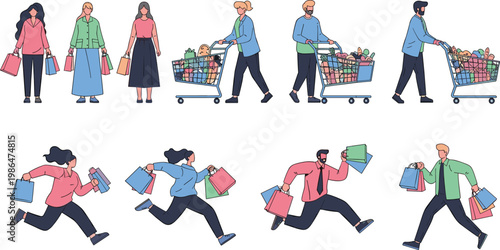 Shopping people characters set with carts and bags, retail consumer lifestyle illustration collection for sale, supermarket and ecommerce design