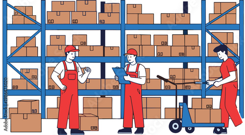 Warehouse workers organizing boxes on shelves, logistics and inventory management illustration with employees using pallet jack and clipboard