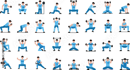 Workout exercise poses set with man lifting weights and fitness training, flat gym illustration collection for sport, health and bodybuilding design