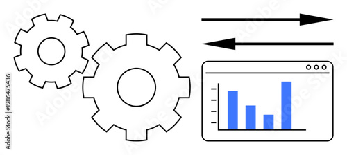 Industrial processes, data systems, workflow optimization, business analytics, productivity tools, integration. Gears with arrows pointing to a bar graph. Workflow optimization and data systems