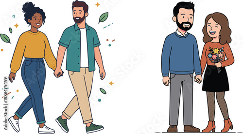 Set of stylish couples walking together and standing close, expressing affection and connection in a modern flat cartoon illustration style.