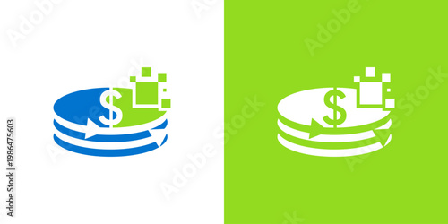 Dual meaning logo combining coin and arrow finance elements, symbolizing financial growth, investment progress, profit increase, and upward economic movement in modern financial solutions.