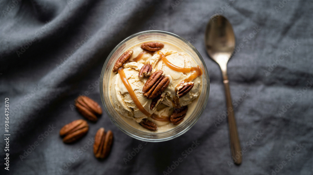 Fototapeta premium Delicious pecan ice cream with caramel sauce and whole pecans in a glass, served on a dark grey linen cloth with a spoon, top view