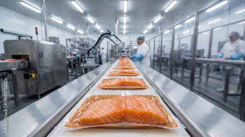 Wallpaper Mural Fresh salmon fillets in vacuum packaging moving on a conveyor belt in a modern food processing factory with workers and machinery Torontodigital.ca