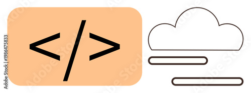 Web development, cloud computing, data storage, coding, technology, software. Code symbols and cloud illustration. Web development and cloud computing concepts