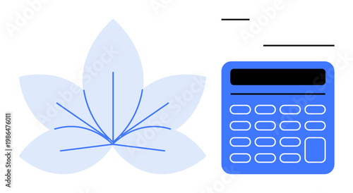 Education, finance, calculation, analytics, design, and nature concepts. Blue calculator next to a stylized floral shape. Education and finance highlight calculation and harmony