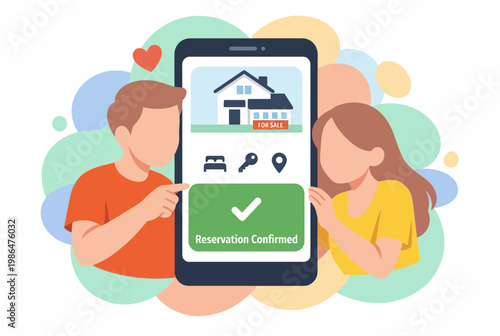 Couple using mobile app for real estate reservation and home buying