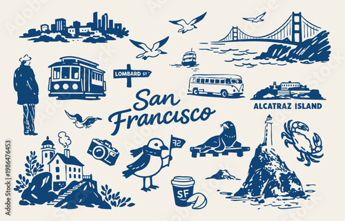 San Francisco Travel Icon Set with Golden Gate Bridge, Cable Car, Alcatraz and City Landmarks Illustration