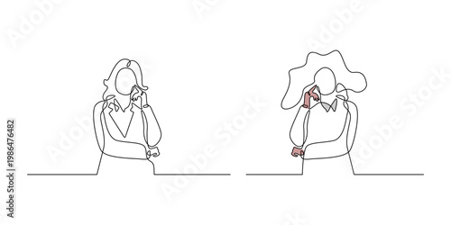 Thoughtful businesswoman hand on chin minimalist line art thinking concept